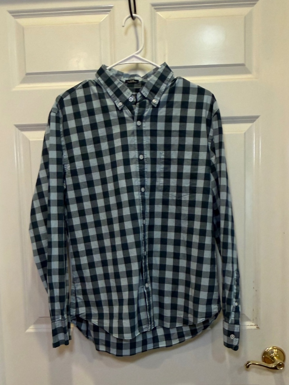 Men's J Crew Mint Green and Dark Teal Checked Slim Untucked Flex Washed Oxford L